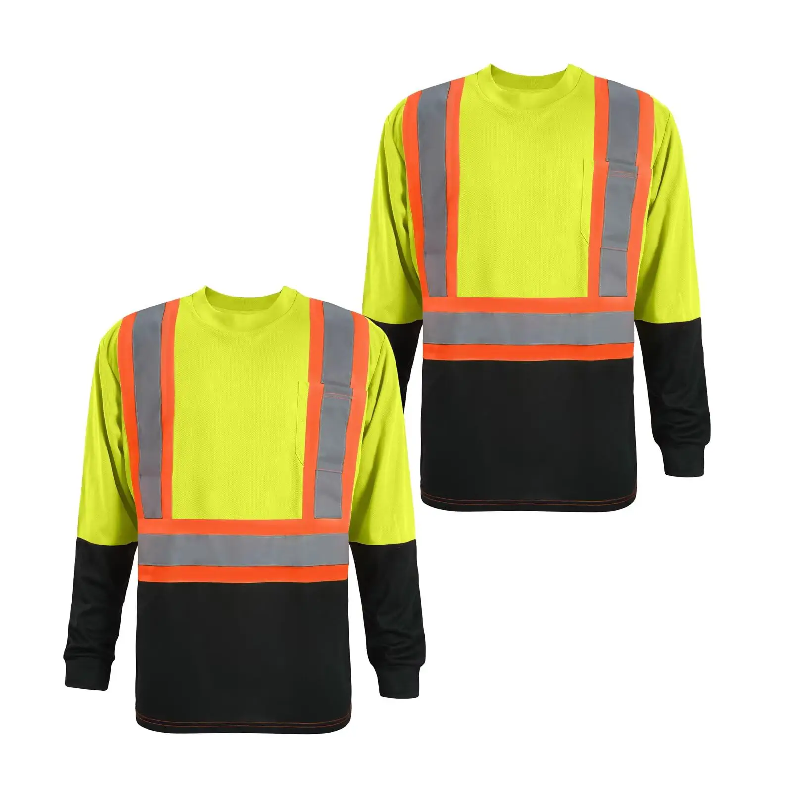 2 Pack Safety Long Sleeve T-shirt for Men High Visibility Shirts Hi Vis Construction Work Shirt Reflective Strips Quick Dry Long T-Shirt