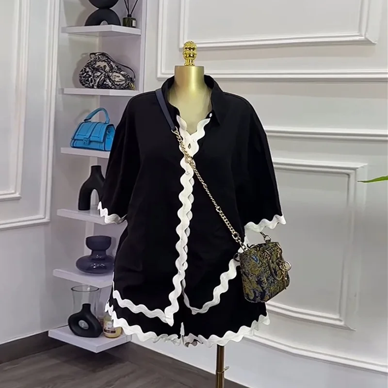 2025 ฤดูร้อนใหม่ผู้หญิง 2 ชิ้นแฟชั่นหลวม Splicing เสื้อขากว้างกางเกงขาสั้นชุดลําลอง