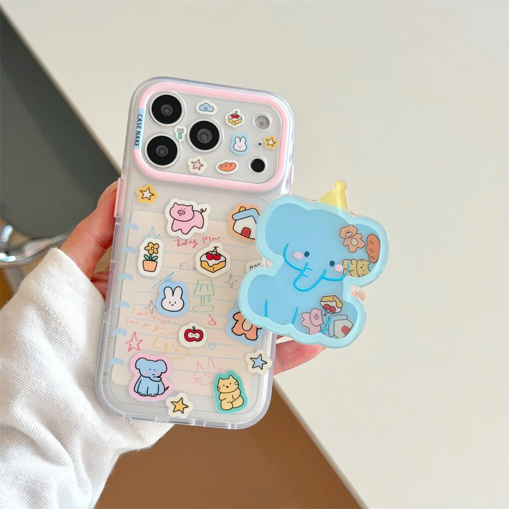 Cute Sticker Style Blue Elephant Case For iPhone 15 16 17 ProMax Elephant Acrylic Stand Shockproof Hard Phone Cover For Girls