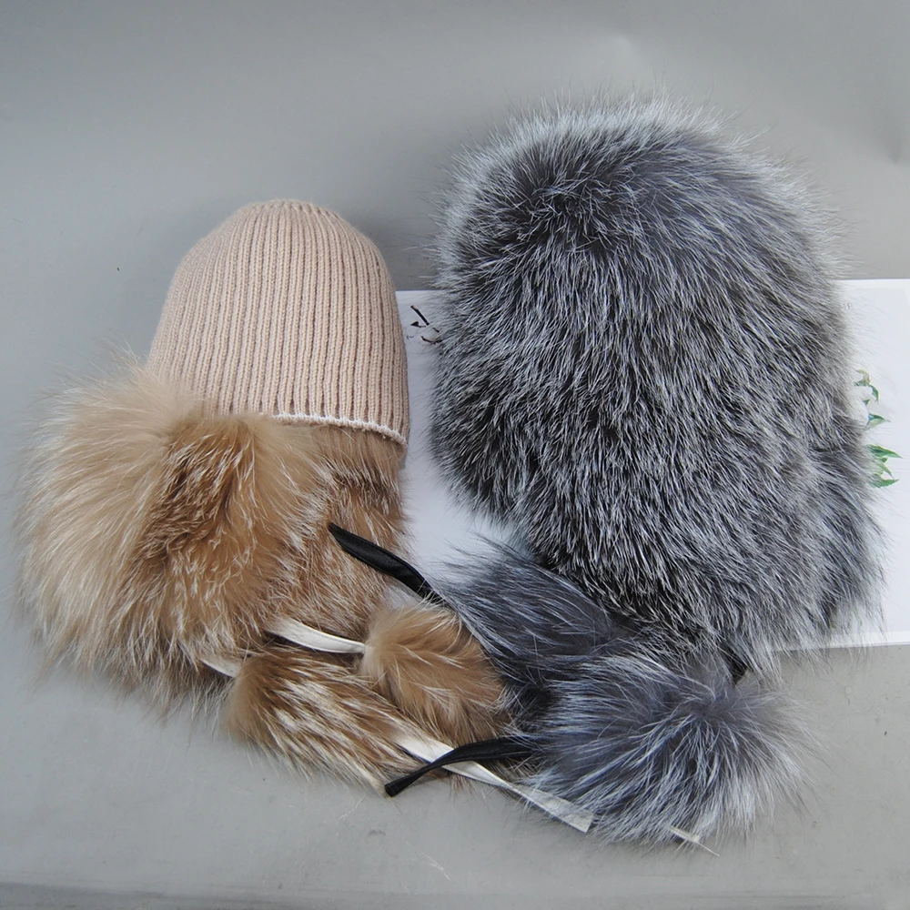 Hot Sale Winter Knitted Real Fur Hat Women Quality Warm 100% Genuine Fur Bomber Hats Lady Luxury Good Quality Real Fox Fur Caps