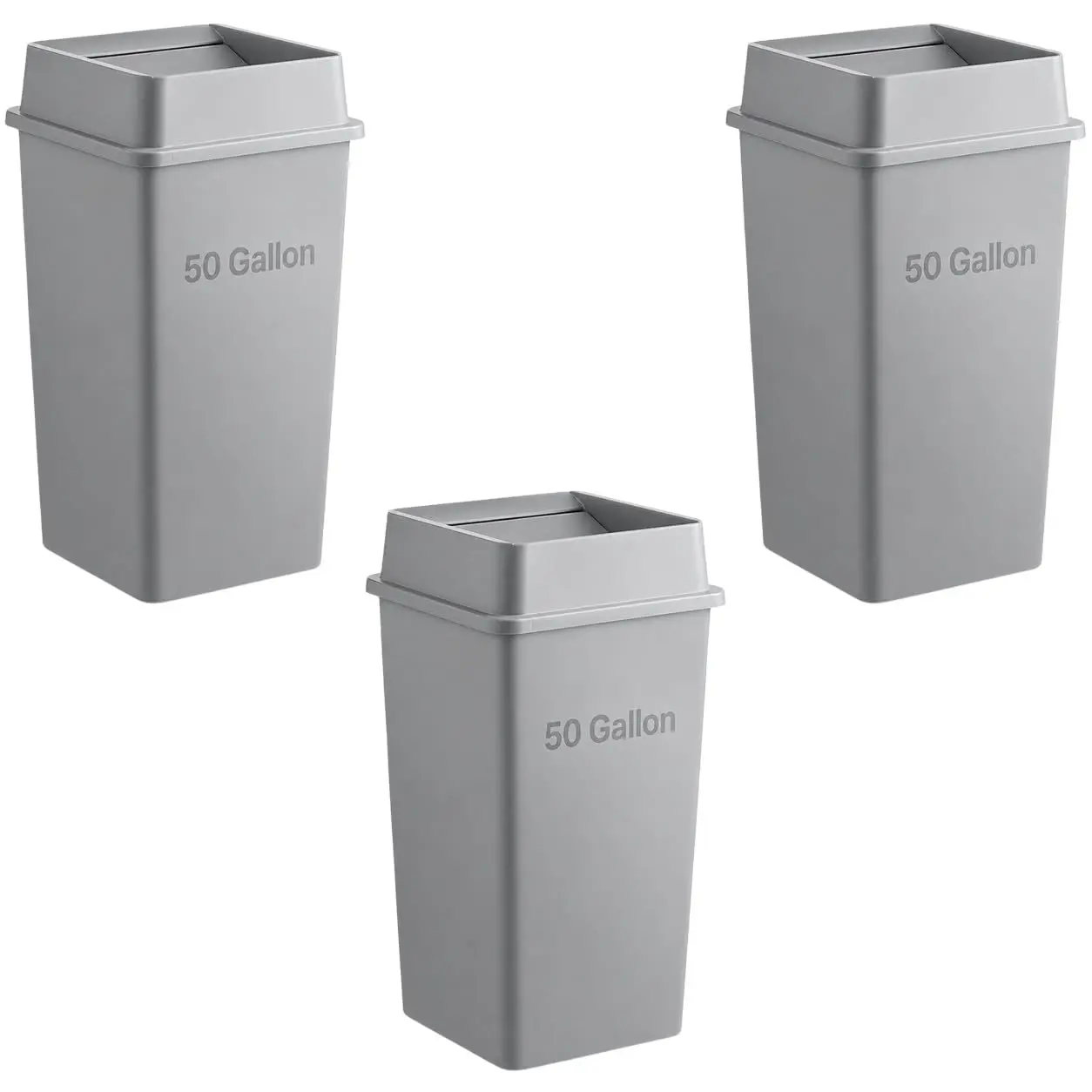 3 Pack Gray 50 Gallon Large Commercial Garbage Bins with Lids, Durable Square Resin Trash Cans with Built-in Handles for Indoor
