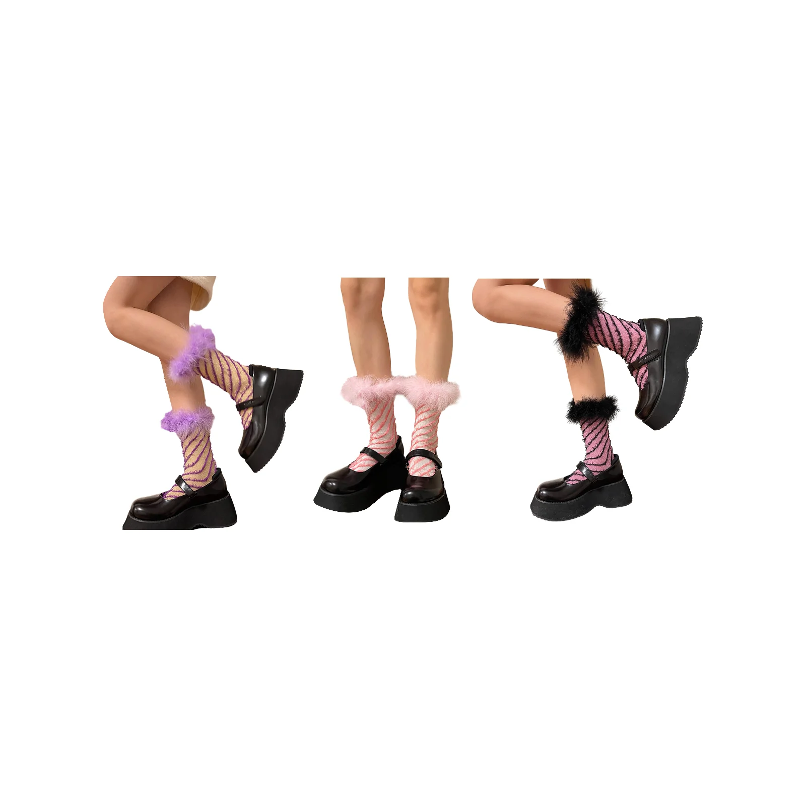 [Three colors available] Furry lace fashionable girl mid-calf socks set (1 pair each of purple/pink/black)