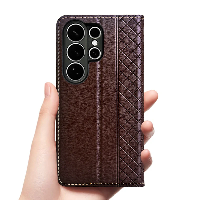 Etui z klapką do SAMSUNG Galaxy S26 S25 S24 S23 Ultra Plus FE 5G, prawdziwa skóra, magnetyczne zamykanie, wzór kratka, portfel z bydlęcej skóry. — zdjęcie produktu 5