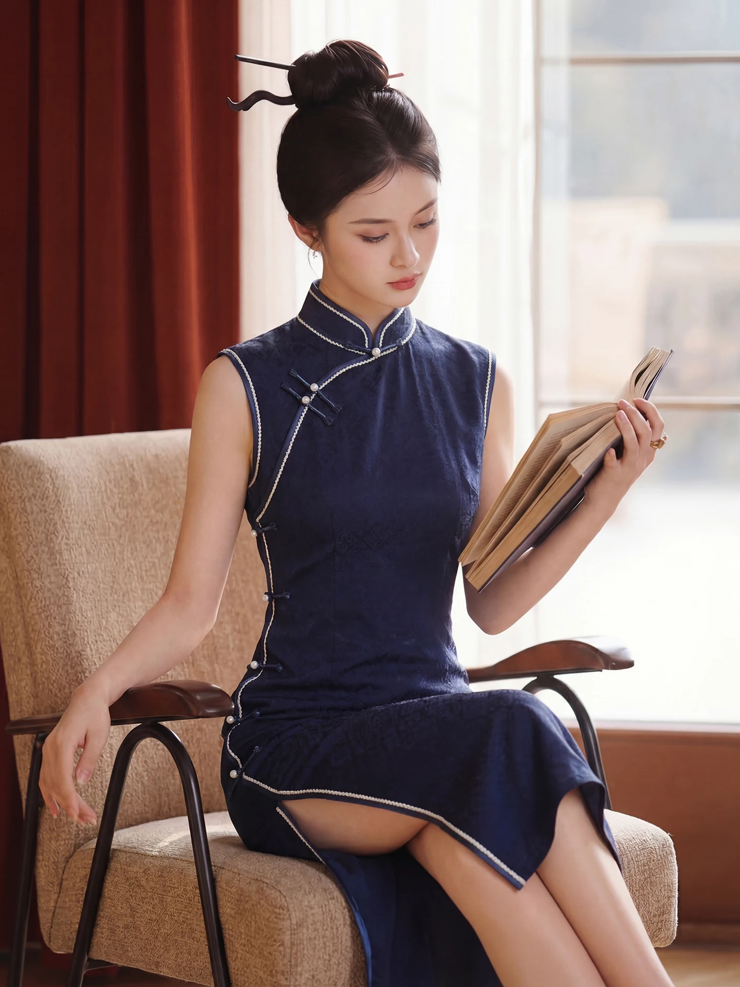 

Elegant Vintage Blue Floral Print Women's Qipao Dress Slimming Stylish Chinese Style Long Evening Gown Breathable Casual Wear