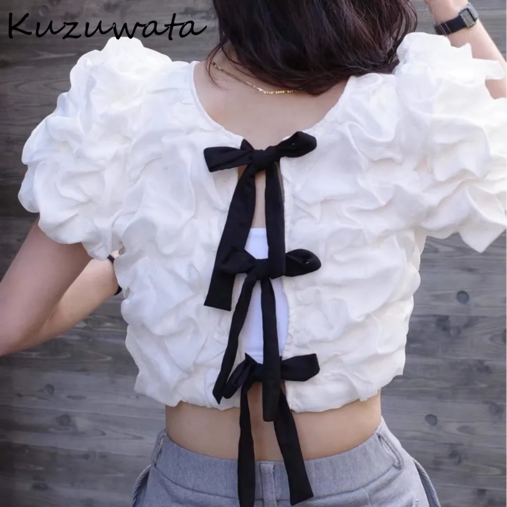 Kuzuwata Vintage Moda Lace Up New Shirt Casual Lovely Elegant Slim Sweet Blouse Japan French All-match Puff Sleeve Ruched Blusas