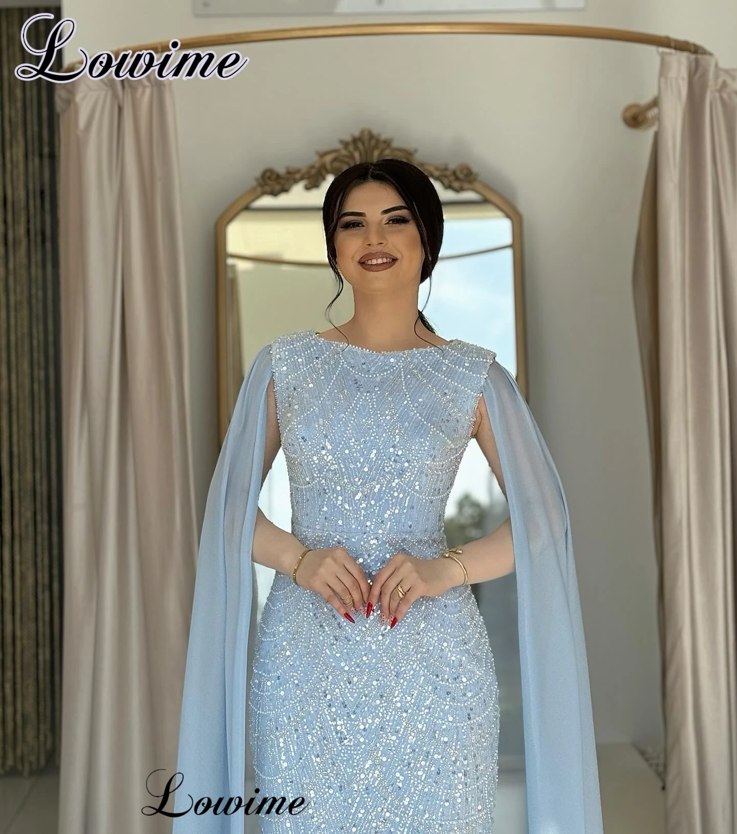 Light Blue Beaded Evening Dresses Mermaid Middle East Simple Wedding Party Dresses Elegant Vestidos De Fiesta Coutures Gowns