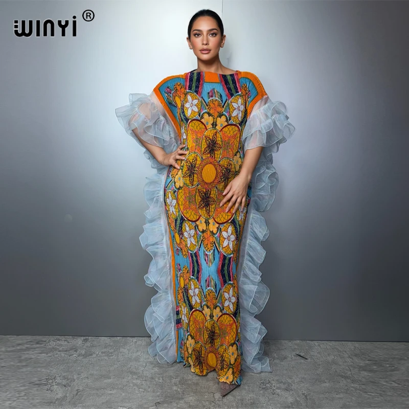 

WINYI Pleated Elastic Slim Dress Beach Cover up Kaftan Abaya Dubai Luxury Party Evening Dress for Muslim Women