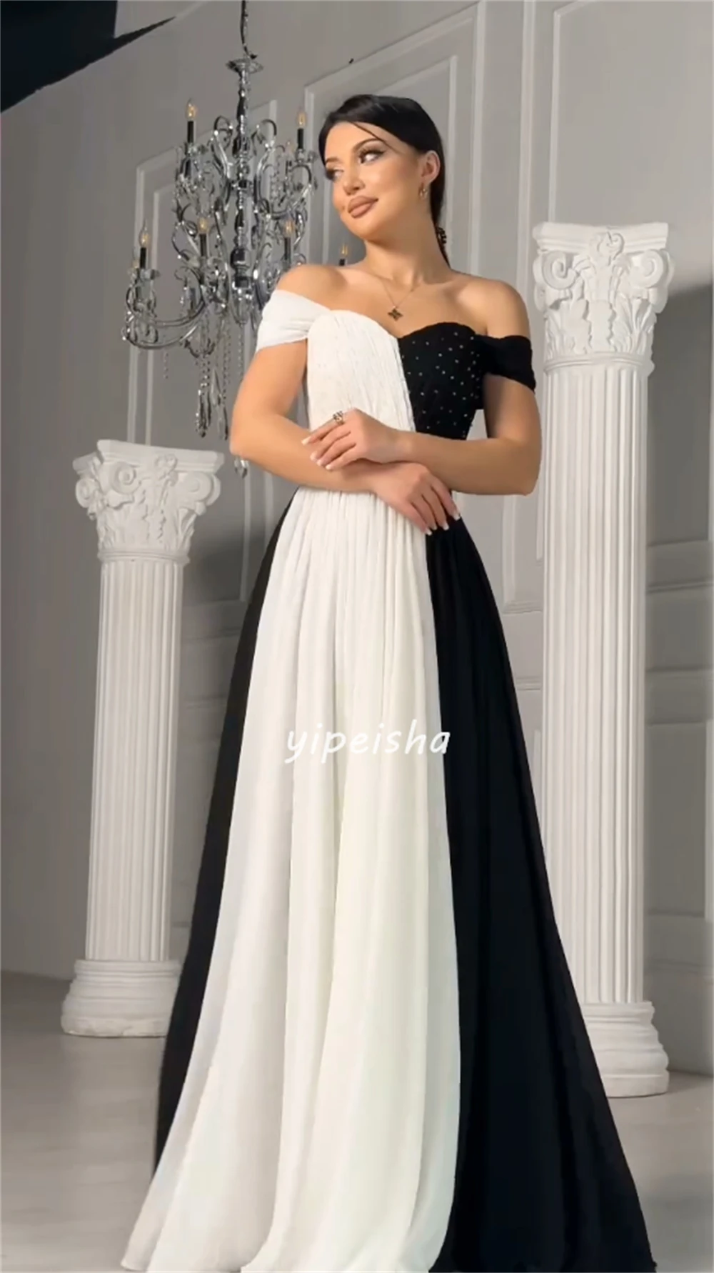 Fashion Sizes Available Chiffon Pleat Ruched Draped Sequined A-line Off-the-shoulder Long Dresses Celebrity Dresses Matching