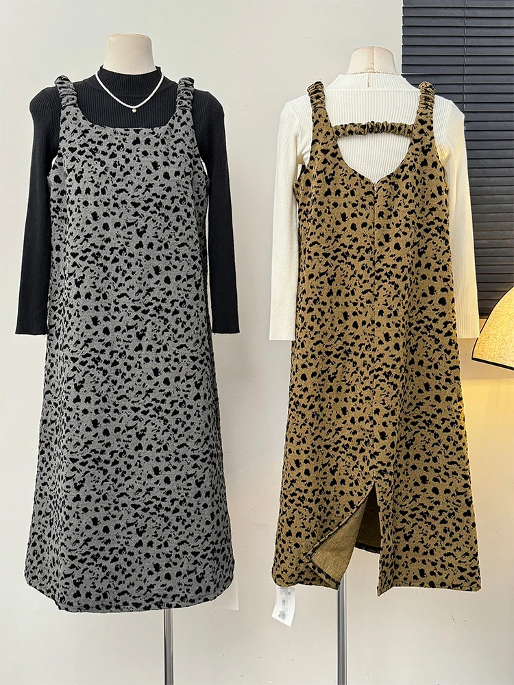 

Комплект из двух предметов, юбка, винтажное французское облегающее платье с леопардовым принтом сзади и боковым разрезом, женские весенне-осенние вязаные костюмы с высоким воротником