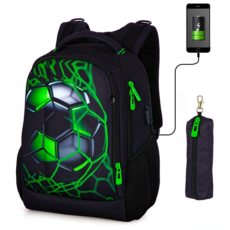 Orthopädische Schultasche für Jungen, 3D-Fußballrucksäcke, Studenten, USB-Aufladung, multifunktionaler Rucksack, Teenager, Büchertasche, Mochilas