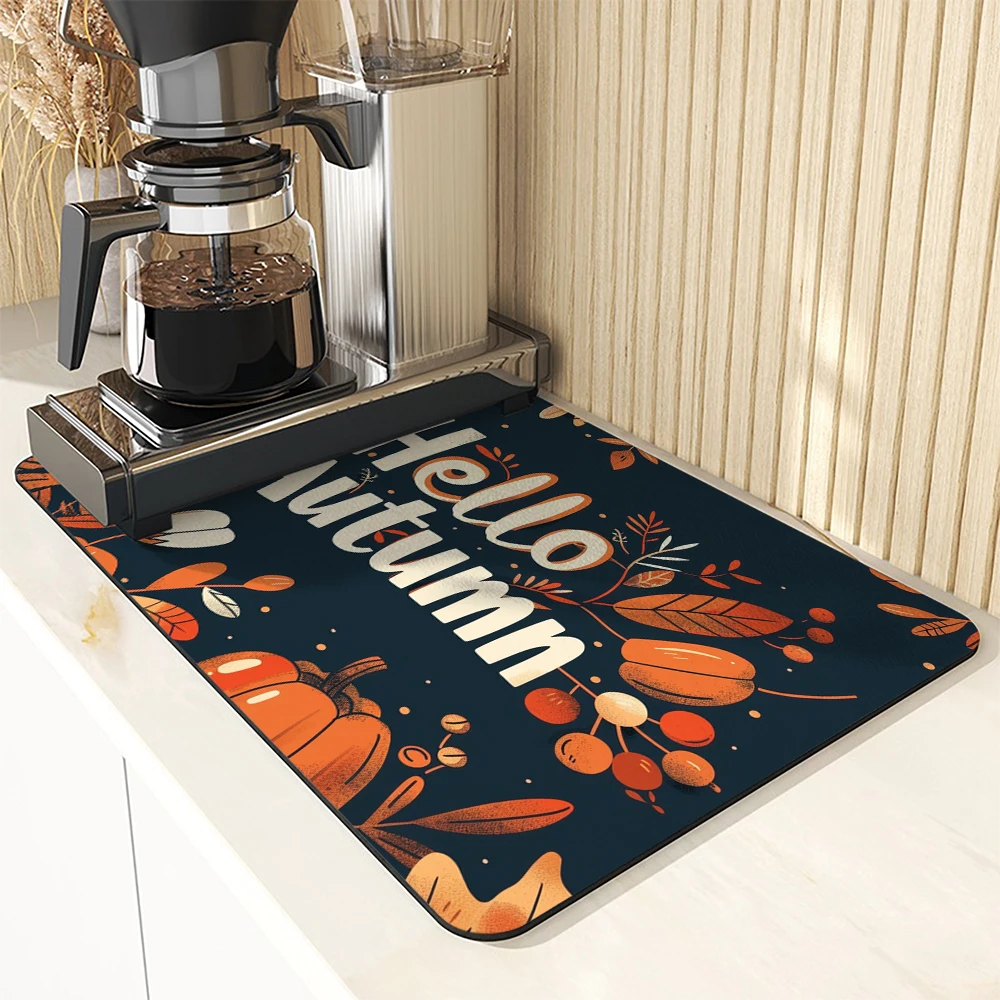 Absorbent Mat Autumn Pumpkin Maple Leaf Letters Kitchen Antiskid Drying Mat Quick Dry Bathroom Drain Pad Tableware Mat