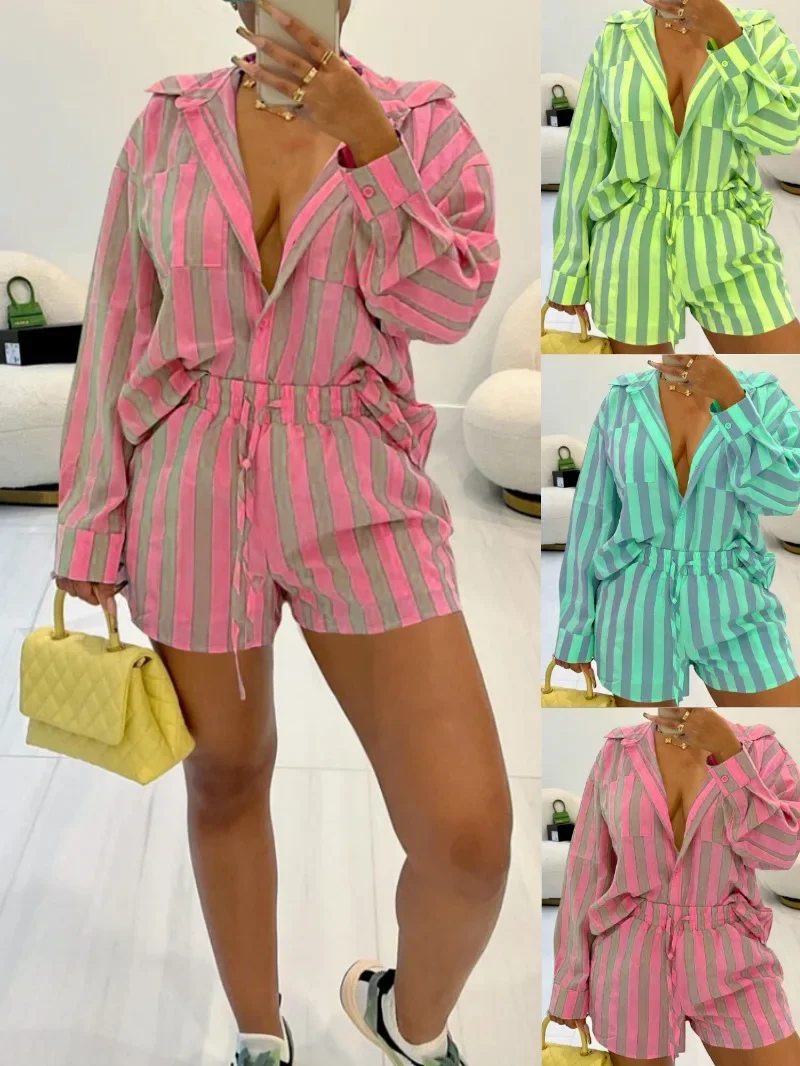 2024 Summer Women Two Piece Set Short Pant Sets Striped Print Long Sleeve Shirts Drawstring Shorts Casual Loose Lady Pants Suits