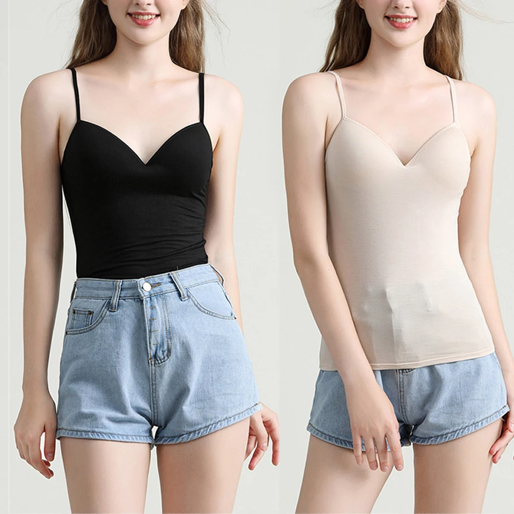 HOT Double Straps Solid Color Slim Suspenders Women Tops Camisole Modal Wireless V Neck Adjustable Spaghetti Strap Vest Tank Top