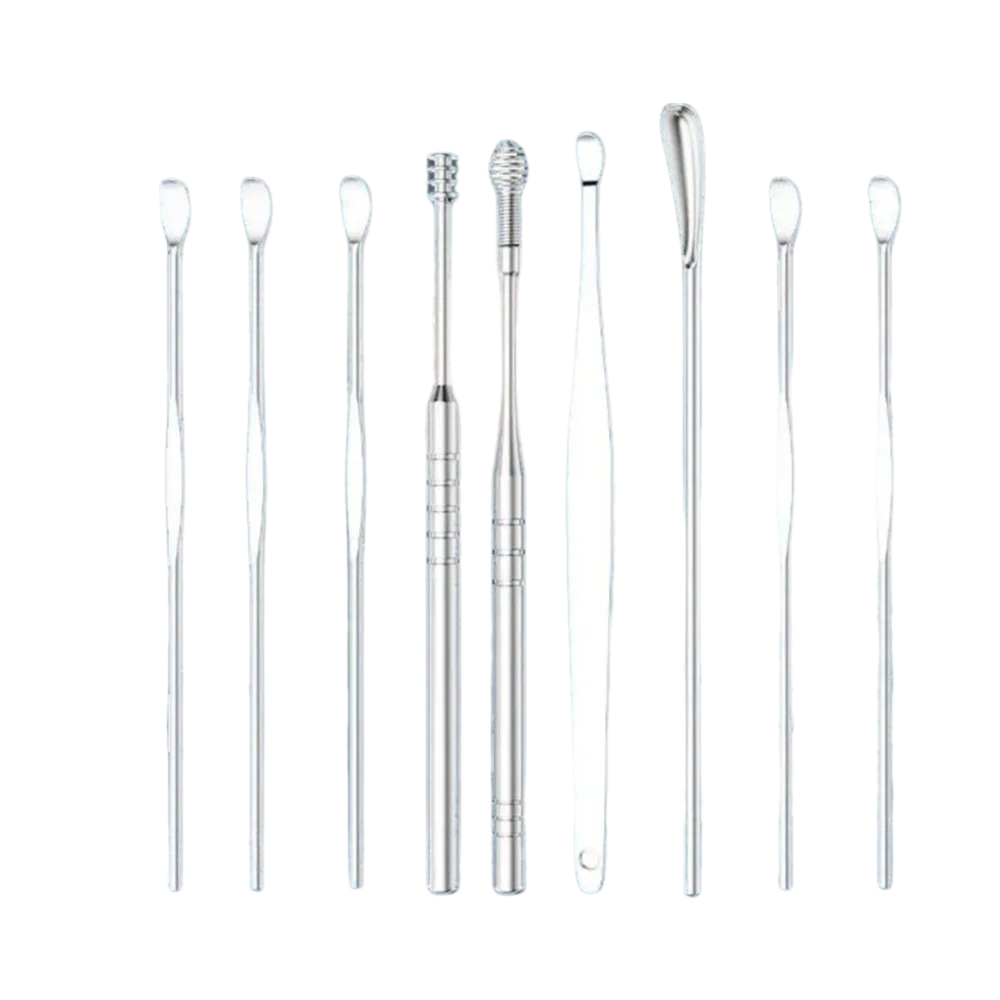 

9Pcs/set New 9Pcs/Set Earwax Removal Tools Curette Spoon Easy Carry Earpick Ear Care Stainless Steel Wax Remover