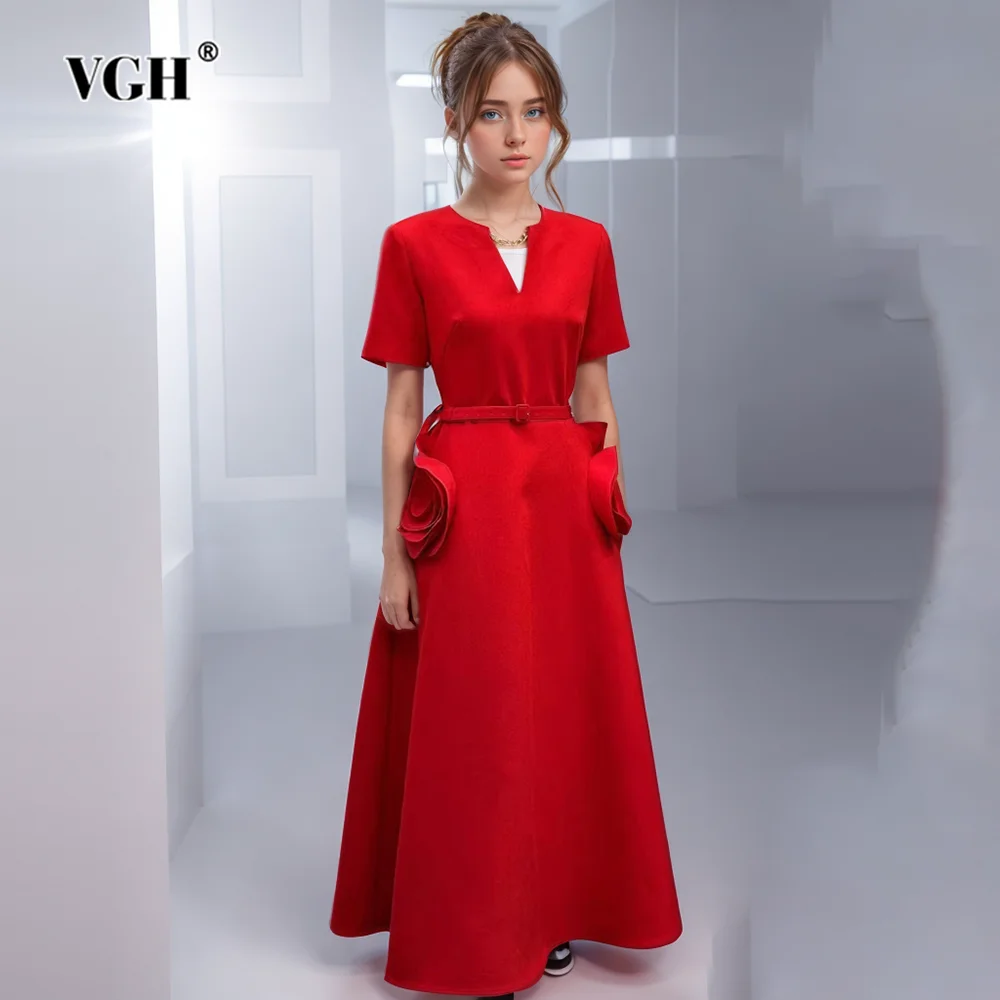 

VGH Hollow Out Patchwork Appliques Elegant Dresses For Women V Neck Short Sleeve High Waist Spliced Belt Long Dress Female New