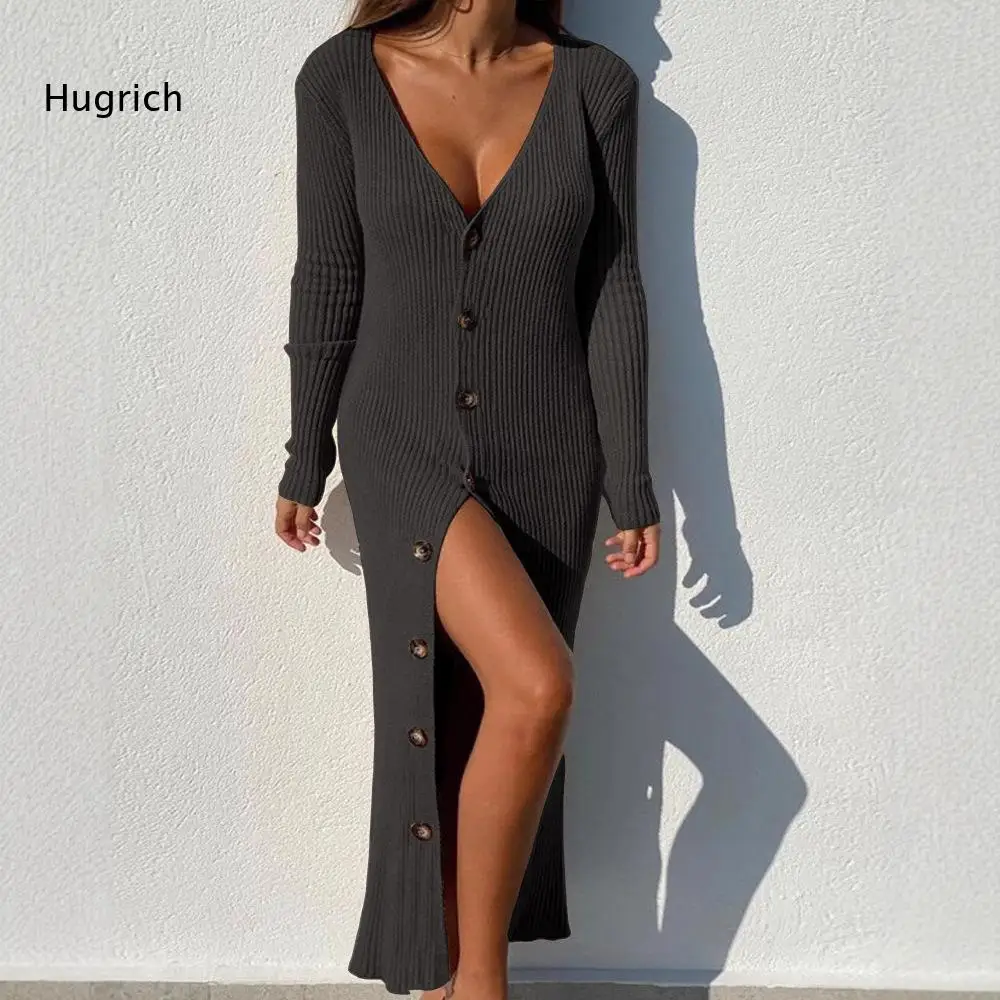 Women Dark Grey Ribbed Knit Maxi Dress With Front Buttons And Deep V Neck Long Sleeve Slim Fit For Autumn Winter Outing