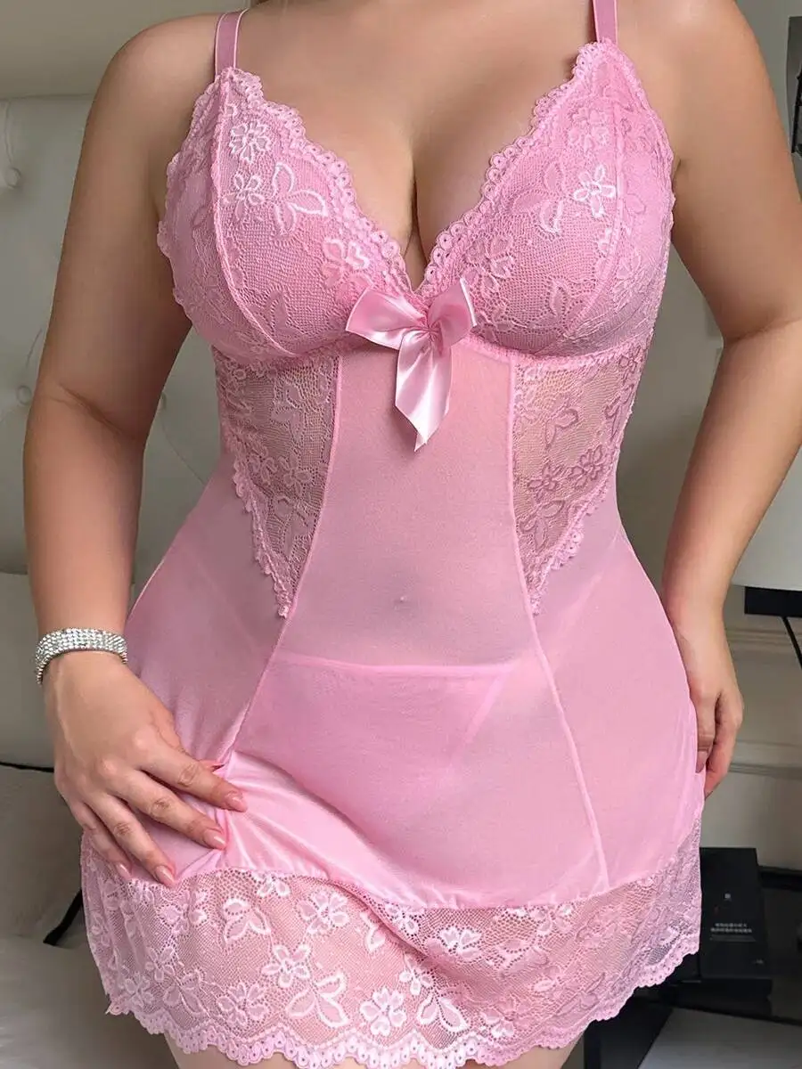 Abito sexy con giunture in rete con bordi in pizzo Stampa floreale Bowknot Backless Bretelle a V profonde Abito senza maniche Puro desiderio Affascinante C5XW