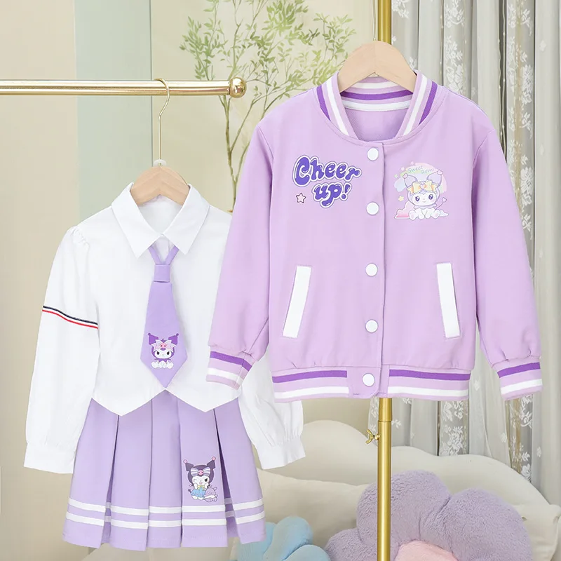 

Kuromi комплект из трех предметов для девочек, детский комплект Jk, плиссированная юбка, рубашка, пальто, весна-осень-зима, Sanriou, аниме, мультяшный праздничный подарок