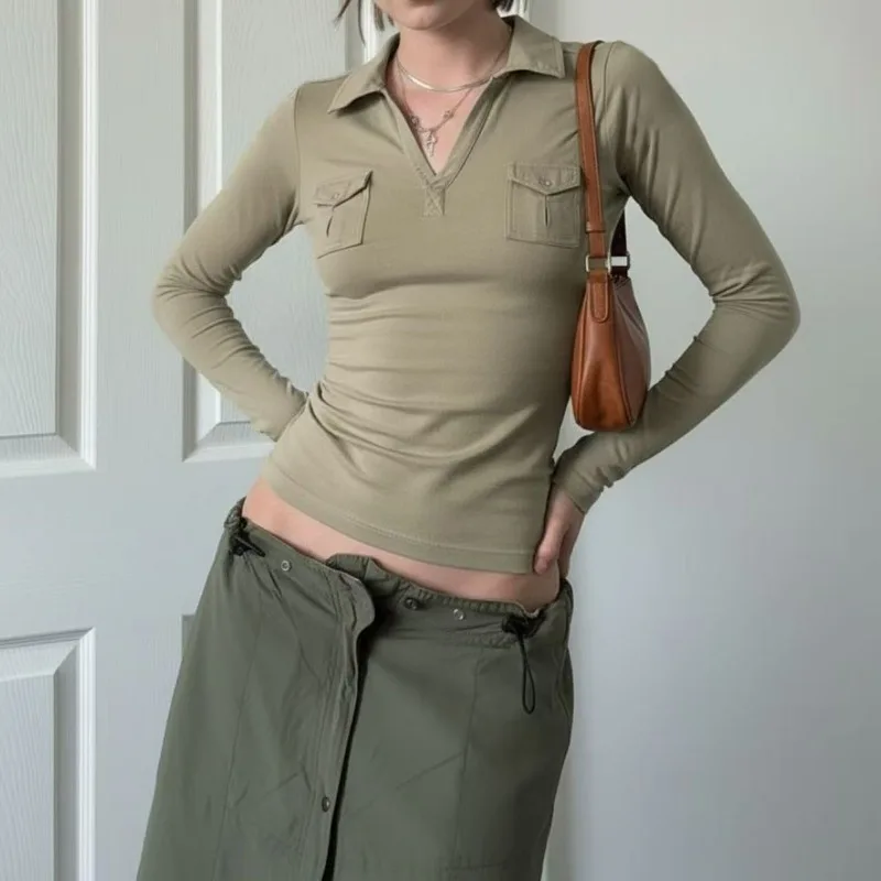 New Pocket Snap Design Polo Collar Short-sleeved T-shirt Women's Spring Autumn Slimming Form-fitting Top That Is Fashion Simple