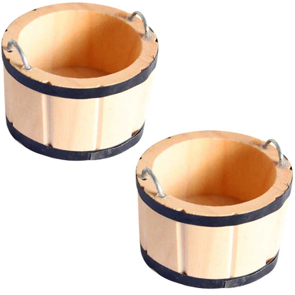

2 Pcs Decorate Log Color Wooden Barrel Miniature Buckets Gardening Accessory Toy House Ornament