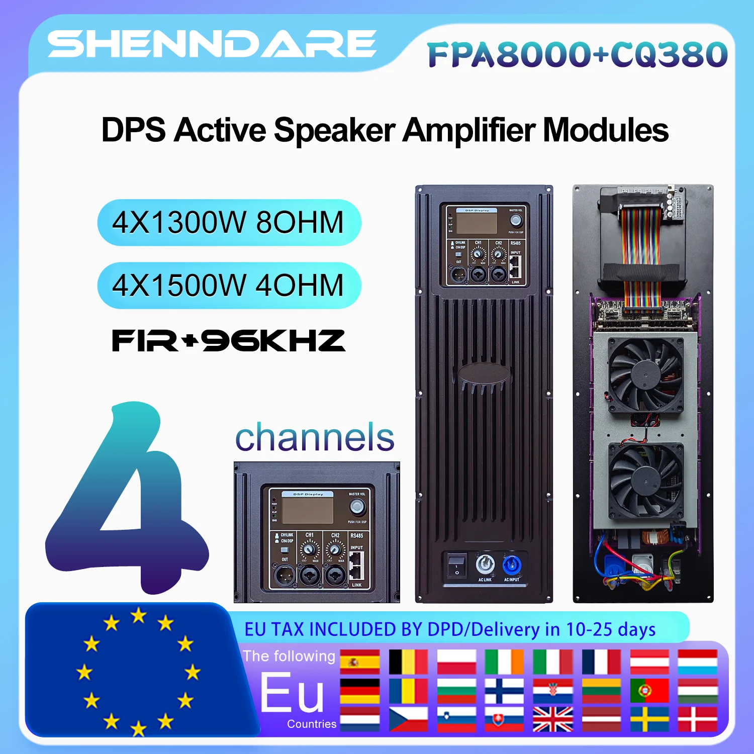 

ShennDare FPA8000+CQ380 Professional DSP Active Speaker Amplifier Module 4x1300W 8OHM Subwoofer Amplifier Board FIR Software