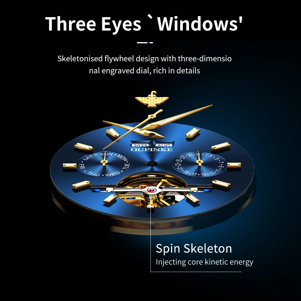 Oupinke 3290 relógio mecânico totalmente automático masculino original multifuncional à prova d'água cronógrafo esqueleto volante relógio masculino