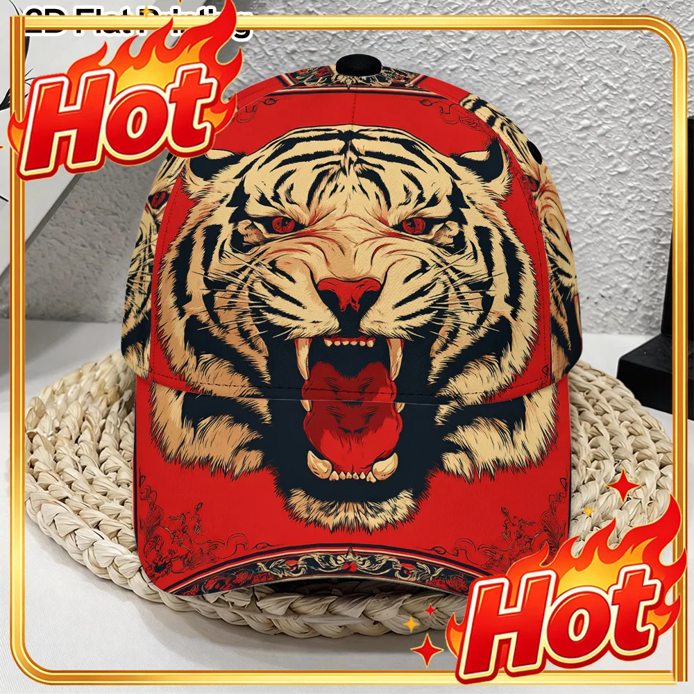 Custom 1pc 2D Flat Fierce Tiger Head Printed Classic Baseball Hat, Lightweight And Versatile Duckbill Cap, Adjustable Design