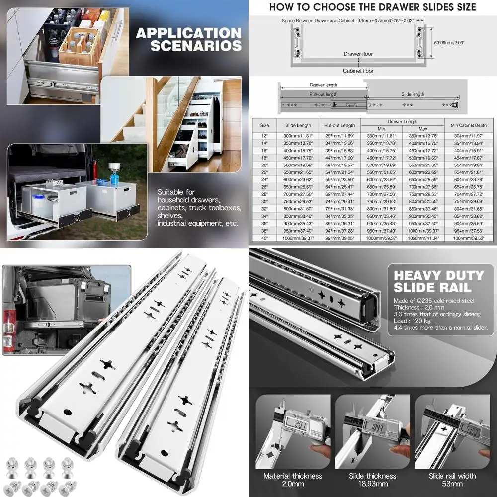 

Высокопрочные направляющие с шарикоподшипниками полного выдвижения грузоподъемностью 235 фунтов для промышленных инструментальных ящиков 12-40 дюймов