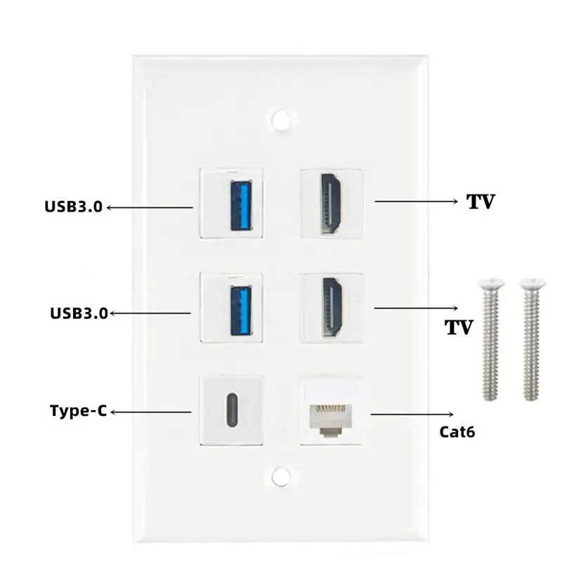 6-Port High-Definition Data Network HDMI Compatible With USB3.0 CAT6 Type-C Buckle Information Panel Wall Plug