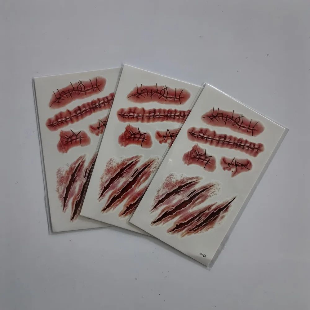 3 أوراق/مجموعة ملصقات وشم مؤقت للهالوين مقاومة للماء تدوم طويلاً، رعب واقعي، ندبة جرح للحفلات DIY هيئة آرت ديكو #6