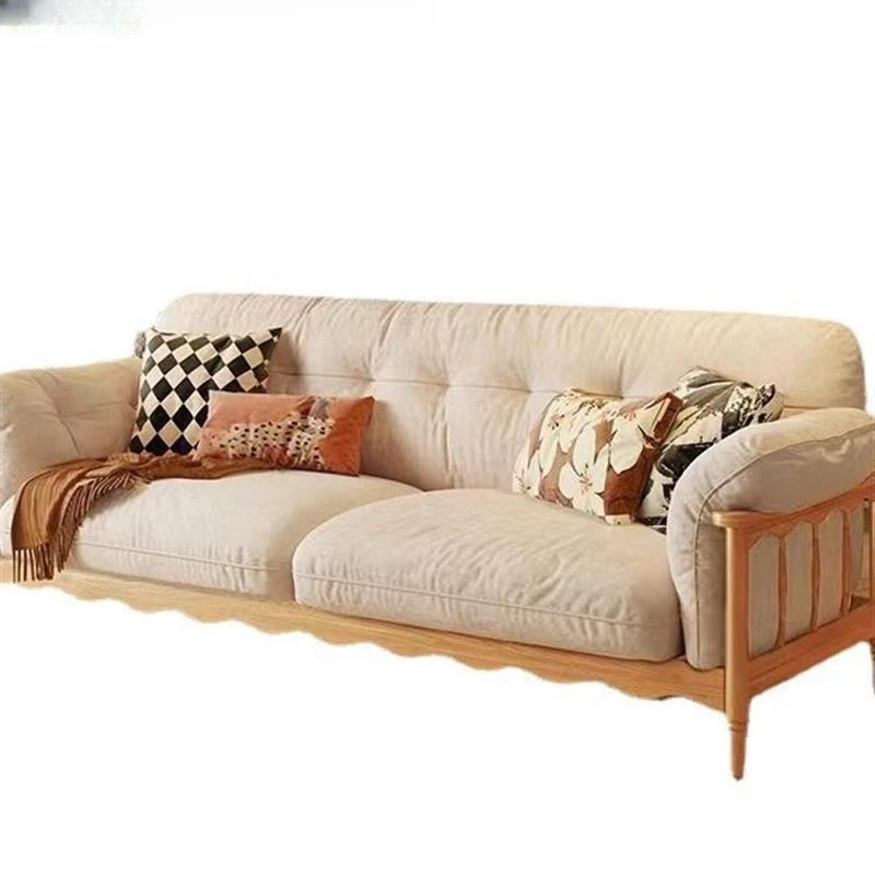

Nordic all solid wood, small apartment, modern simple three-person, log cherry wood fabric sofa