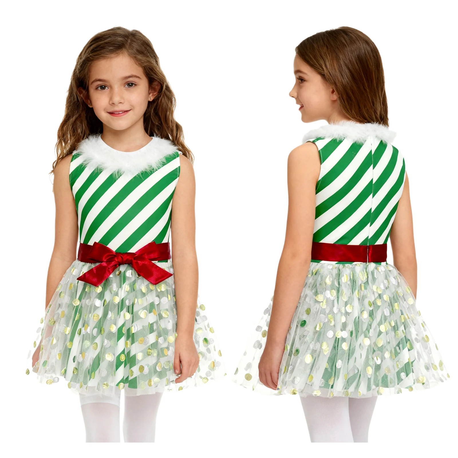 

Girls Candy Cane Mrs Santa Claus Dress Up Elf Costume Christmas Ballet Dance Performance Figure Ice Skating Tutu Dress Dancewear