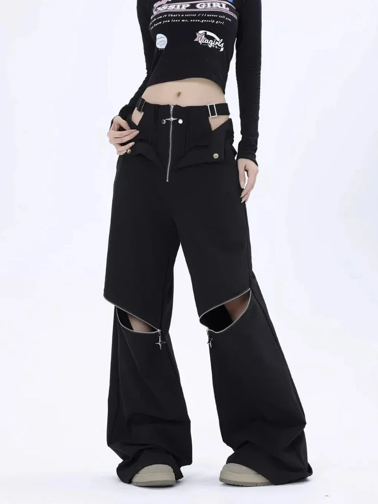 Deeptown Harajuku Black Cargo Pants Women Korean Style Casual Streetwear Zip Pocket Dseign Drawstring Trousers Female