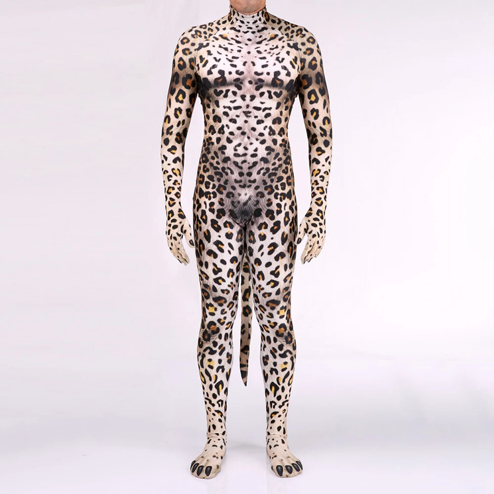 Halloween Tiger Pattern Cosplay Costume Funny Animal Cow Print with Tail Camouflage Clothing Adult Holiday Party Man Jumpsuit