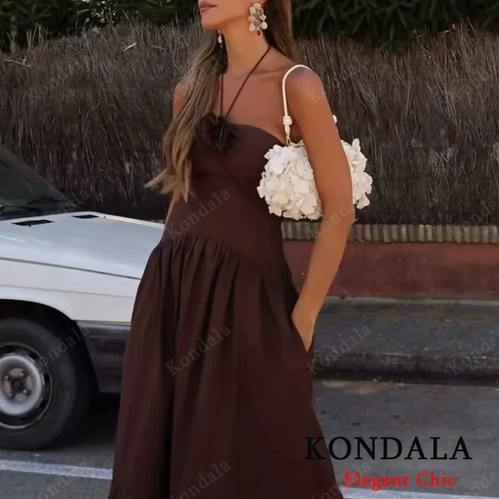KONDALA Elegant Fall Brown Flower Halter Women Dress 2025 Summer Fashion Neck-mounted Backless Long Dress Evening Date Dress