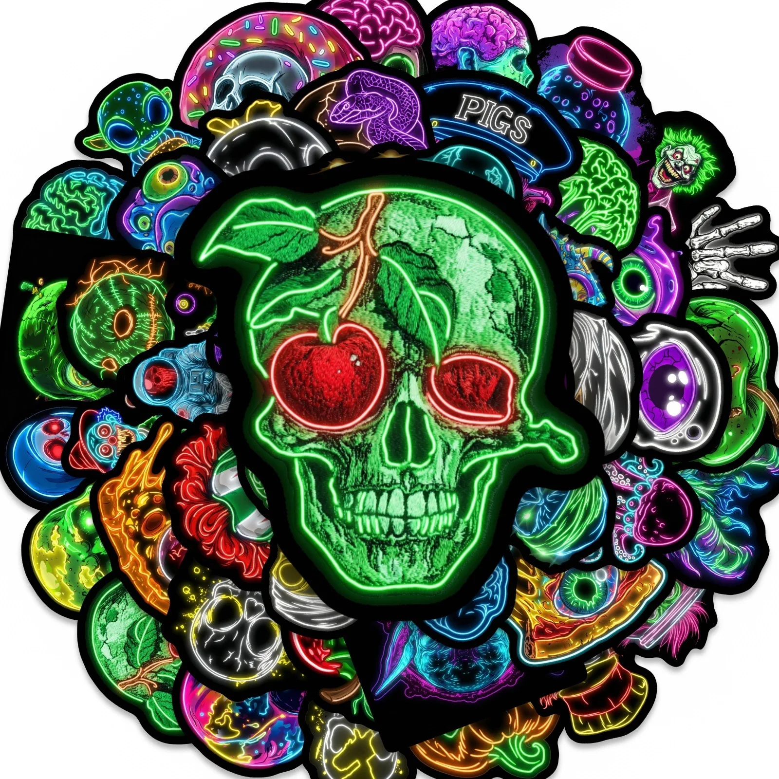 50/100Pcs Halloween Funny Neon Skull Stickers, Waterproof for Helmet Skate Car Suitcase Cup File Folder Drawer Storage Box Decal