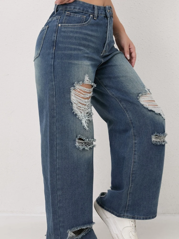 2026年春 レディース ハイウエスト ストレート ルーズパンツ アメリカンレトロ ダメージジーンズ カジュアル ワイドレッグ フルレングスパンツ