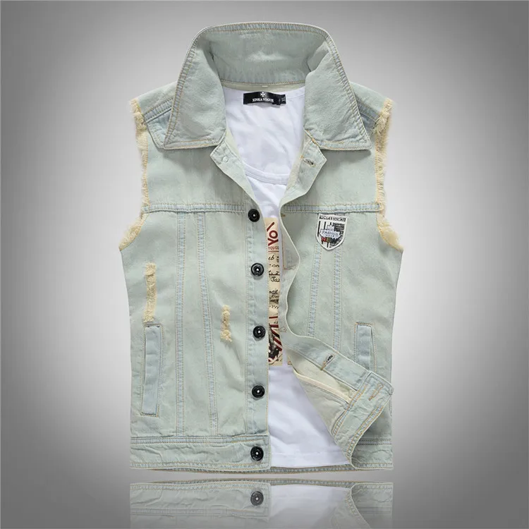 Gilet di Jeans Slim da uomo gilet blu giacche New Fashion maschile Fit cappotti di Jeans gilet Street Wear fori Jeans gilet taglia S-5XL