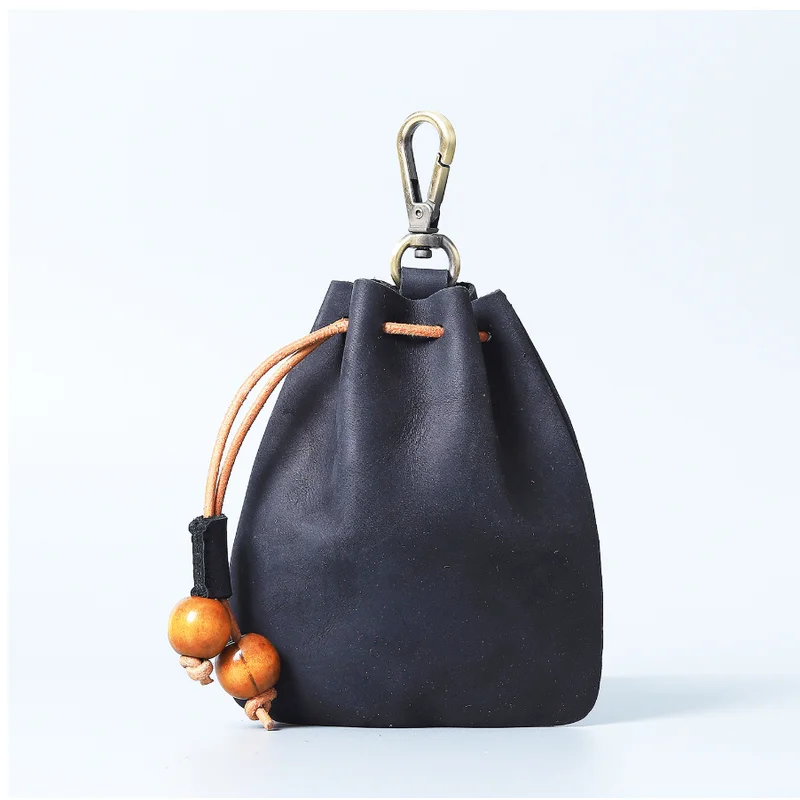 Genuine Leather Coin Purse Men Women Coin Wallet Crazy Horse Leather Vintage Money Pocket Drawstring Storage Bag Card Holder