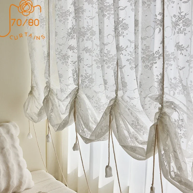 French Custom Roman Curtain Bay Window Drawstring Pull Up Curtain Partition Curtains Lace Gauze Curtain Finished White Gauze