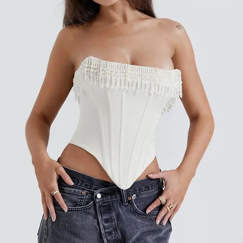 Pearl Tassel Off Shoulder Crop Tops Women Satin Shapewear Bustier Corset Tube Top Summer Sexy Slim Clubwear Body Shaper Camisole