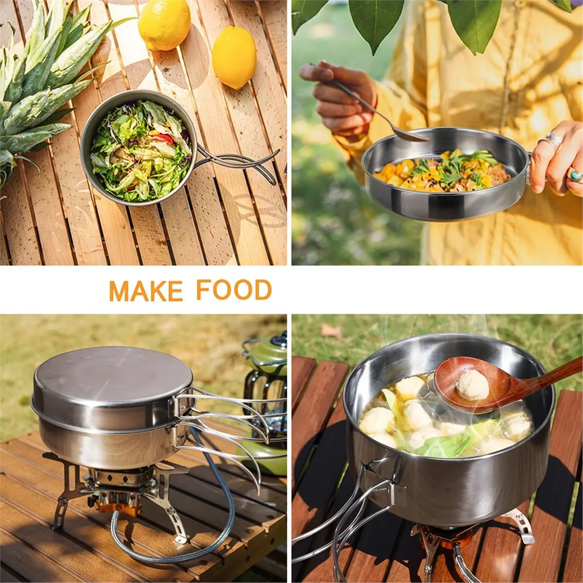 4Pcs Stainless Steel Camping Cookware Set - Pot, Bowl & Utensils for Hiking, Picnic, Outdoor Cooking Portable
