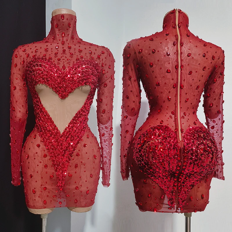 

Red Sequin Rhinestone Dress Women Heart Shape Short Dresses Party Show Outfit Singer Performance Wear Nightclub Club Outfit 5010