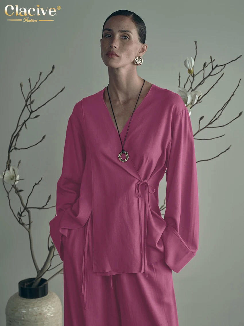 

Clacive Fashion Loose Pink Cotton Two Piece Outfits Woman Casual Long Sleeve Lace-Up Shirt With High Waist Wide Pants Set Female
