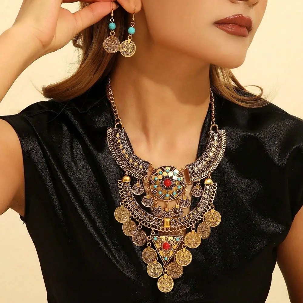 

Vintage Turquoise Tassel Necklace Earrings Exaggerated Exquisite Ethnic Style Jewelry Set Alloy Bohemia Neck Jewelry Women