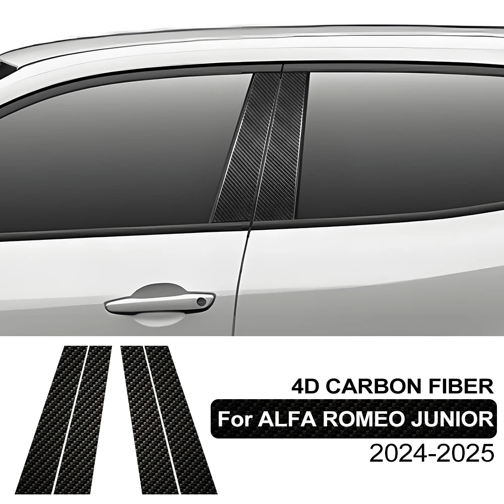 For Alfa Romeo Junior 2024-2025 4D Carbon Fiber Black Auto B Pillar Protection Film Pre-Cut Car Window Column Guard Sticker