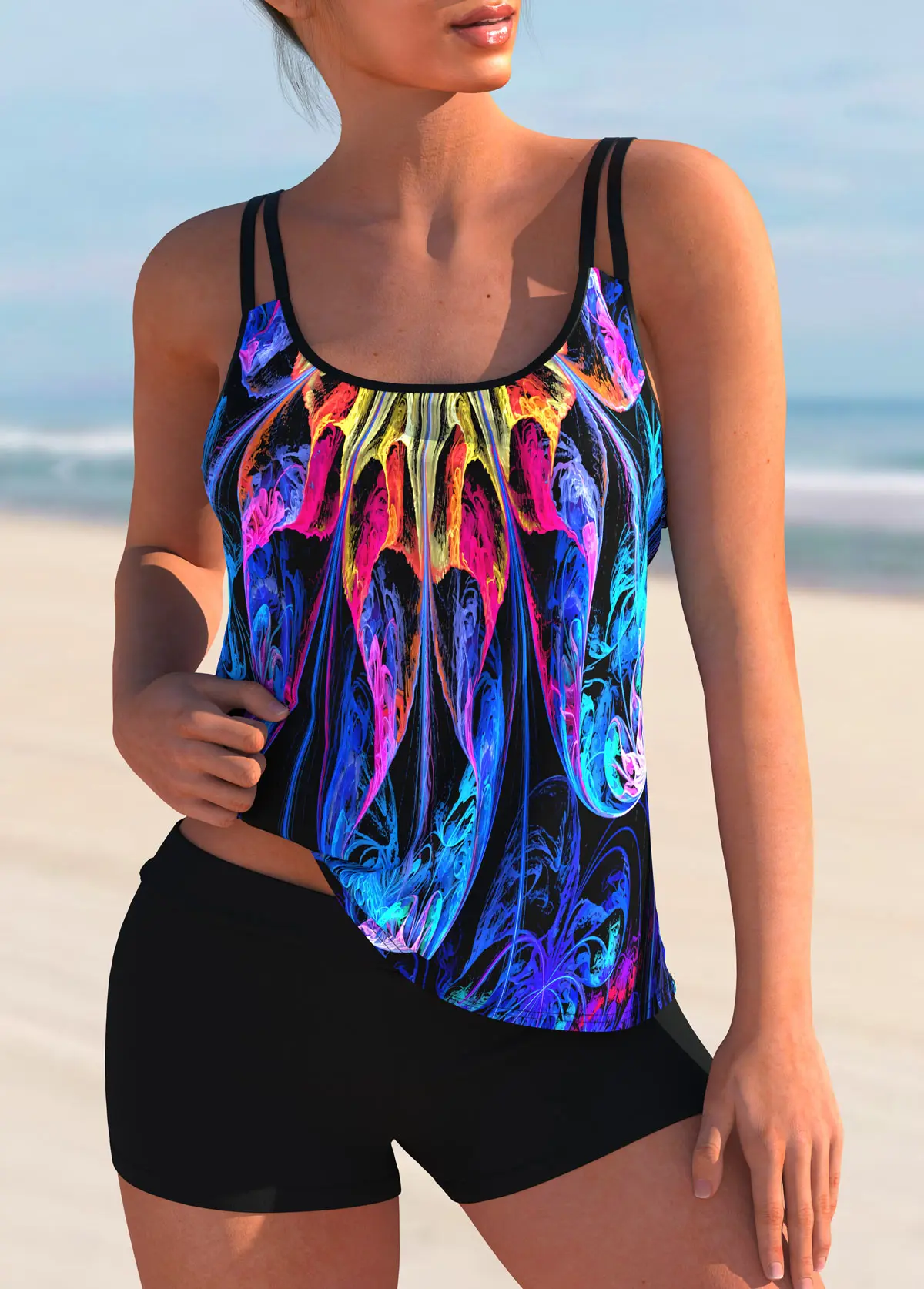 Costume da bagno da donna con stampa tropicale a due pezzi, costume da bagno per le vacanze estive, top tankini con stampa da donna, costumi da bagno estivi da spiaggia
