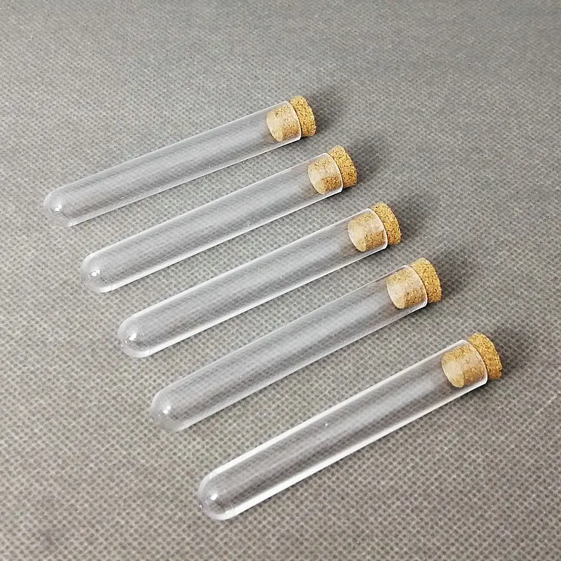 

100pcs 12x75mm Lab Transparent Plastic Round Bottom Test Tubes With Corks ,Party Candy Bottle Wedding Gift Vial Bath salt vials