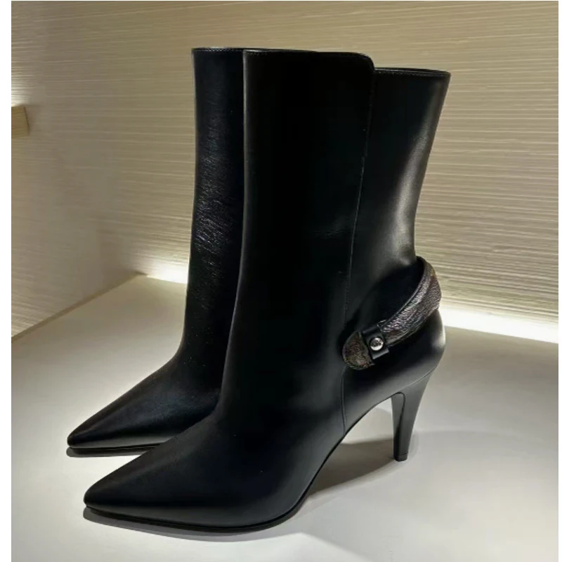 

Black Pointed Toe Buckle Conical Heel Ankle Boots Side Zipper High Heel Short Boots Fashion Booties for Party & Daily Wear