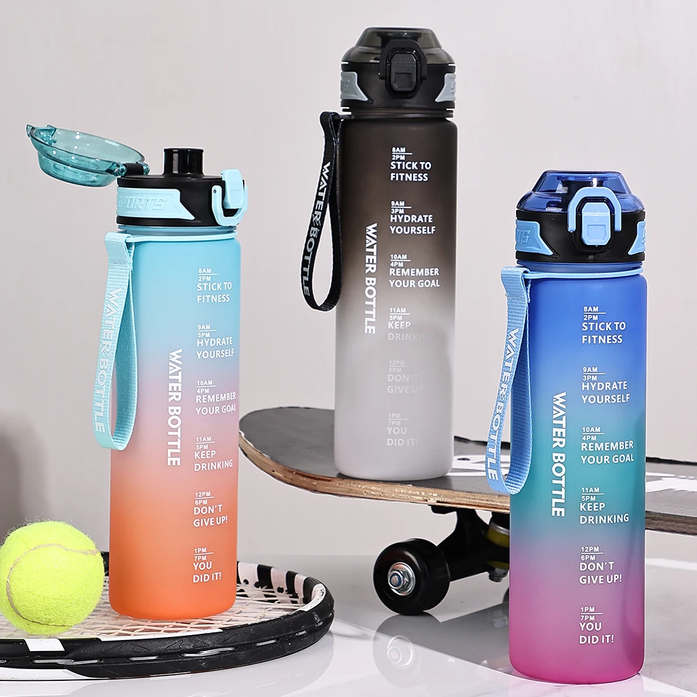 1L Water Bottle Leakproof Gradient Matte Motivational Water Bottle with Time Marker Drinking Water Bottle for Sports Gym Travel